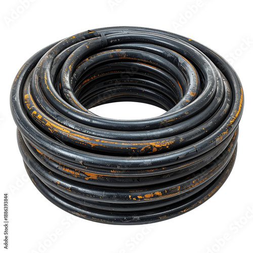 Single Coiled Black Rubber Hose, Industrial Fluid Pipe Isolated on Transparent Background