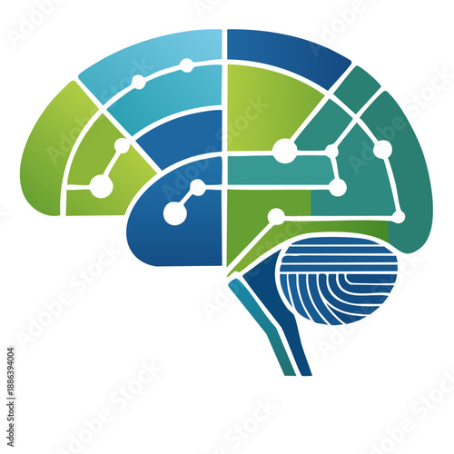 Stylized illustration depicting the segmented human brain with connecting neural pathways and data points representing complex thought processes and artificial intelligence concepts