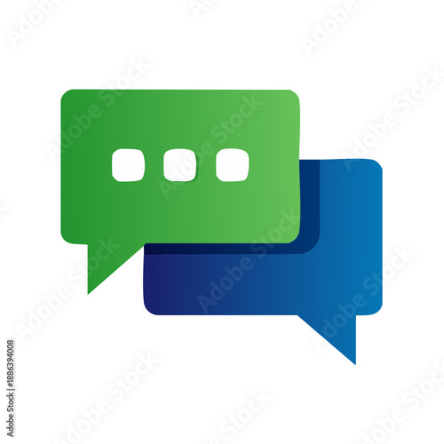 Two overlapping communication speech bubbles one colored green with ellipses and another deep blue symbolizing digital messaging and conversation icons