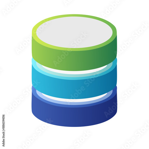 Stacked cylindrical object with layered color gradient transitioning from green to blue hues in a simple design