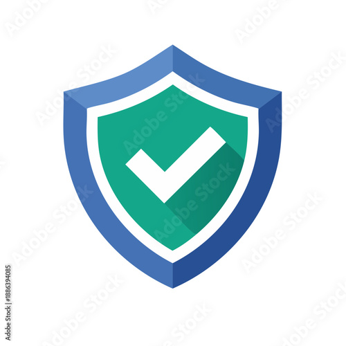 Minimalist flat design icon representing a sturdy blue and green shield with a prominent white checkmark symbolizing verified security and protection standards