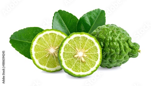 Sliced and whole green bergamot fruit with leaves against a stark white backdrop, showcasing texture and freshness