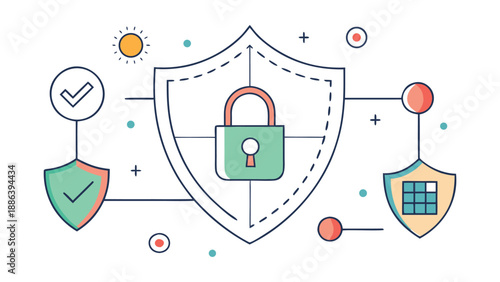 Digital data security concept with a large central shield and lock, connected to smaller shields representing protected information
