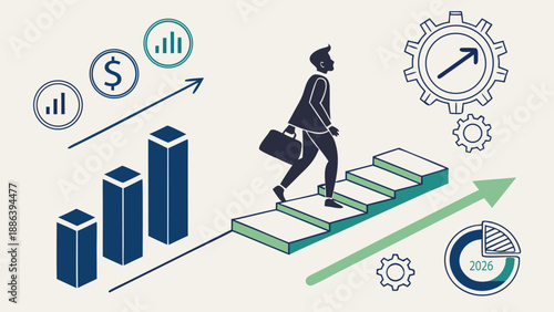 Business growth and career advancement conceptual graphic with businessman climbing stairs alongside bar charts dollar signs and progress arrow symbolizing financial success and future planning