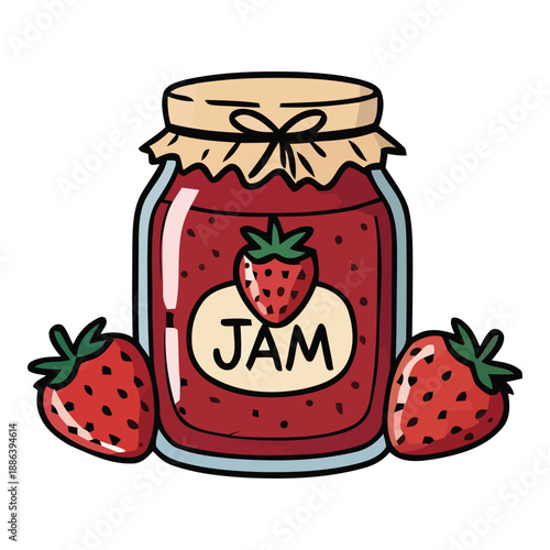 Vibrant hand-drawn illustration of sweet homemade strawberry jam in a glass jar, beautifully complemented by fresh, ripe strawberries, ideal for culinary and breakfast designs