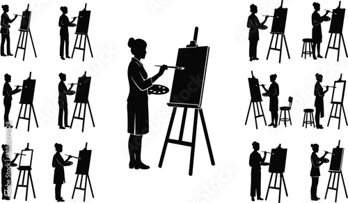 Silhouettes of artists painting on easels seamless pattern vector illustration, art class workshop design, creative studio and painting activity concept