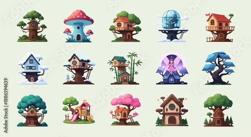 A vibrant 4K icon set featuring twelve unique and imaginative treehouse designs in a modern flat and soft 3D style. Perfect for kids apps, fantasy projects, eco branding, UI/UX design, storytelling 