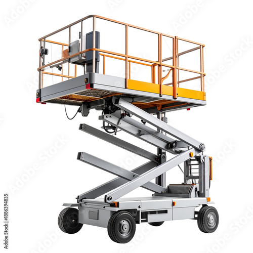Modern industrial scissor lift for construction work on Transparent Background