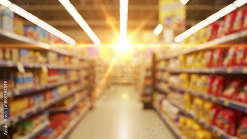 Wallpaper Mural Blurred view of supermarket aisle with bright overhead lighting and lens flare Torontodigital.ca