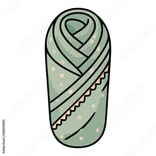 Delicate illustration of a newborn infant peacefully swaddled in a soft green blanket, embodying comfort, care, and the serenity of new beginnings