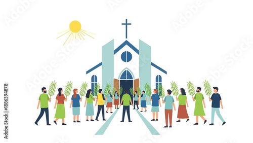 Diverse People Walking Towards Church Building.