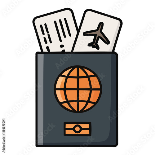 Vector illustration of a passport with boarding passes and an airplane symbol, representing travel and global journeys