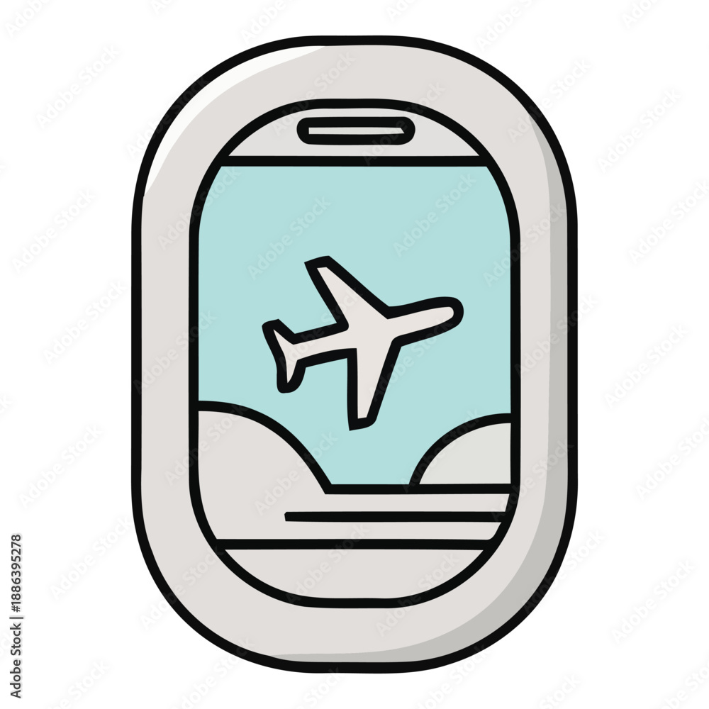 Fototapeta premium Airplane window view of a jet flying through clouds during the day, representing travel and aviation