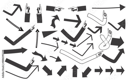 Collection of various black arrows pointing in different directions on white background