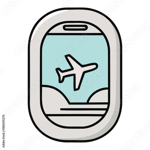 Airplane window view of a jet flying through clouds during the day, representing travel and aviation