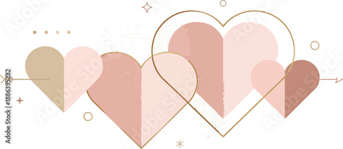 Elegant display of overlapping pink and gold hearts, adorned with delicate geometric shapes and an arrow, symbolizing love, romance, and a joyful connection for various festive occasions