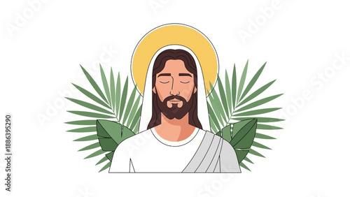Jesus Christ Illustration with Halo and Palm.
