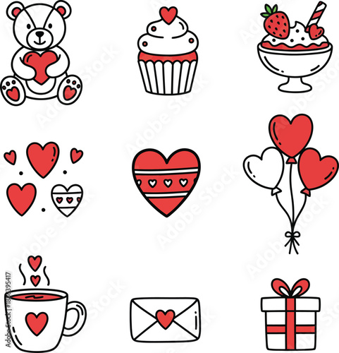 Cute Hand-Drawn Valentine's Day Doodle Icons Set Featuring Romantic Symbols like Hearts, Gifts, Sweets, and Adorable Characters, Perfect for Love and Celebration Designs