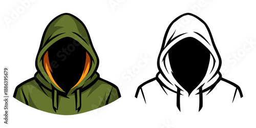 Modern graphic and line art style illustration set featuring anonymous hooded figures for esports and security