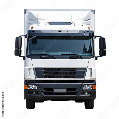 Front view of a white delivery truck, realistic and isolated on Transparent Background