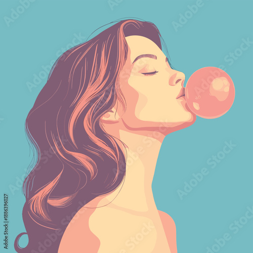 Dreamy Woman with Bubblegum Illustration , vector style simple color