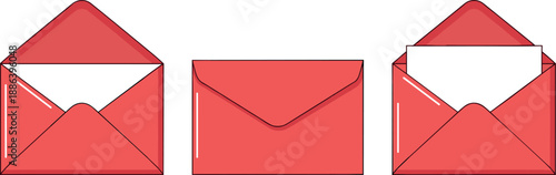 Red envelopes illustration, open and closed, paper inside, communication concept, mail design, stationery vector, message delivery, postal theme, minimal art