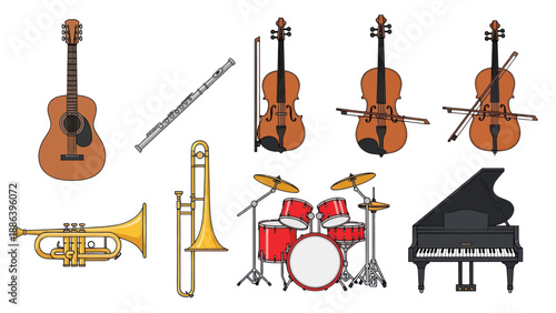 Collection of Musical Instruments: Guitar, Piano, Drums, Violin, Trumpet, Flute, Trombone