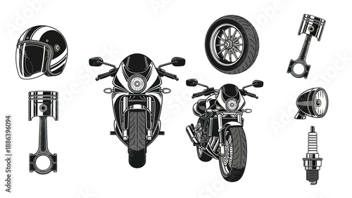 Motorcycle Vector Icons: Sports Bike, Cruiser, Parts, Helmet, Tire, Piston