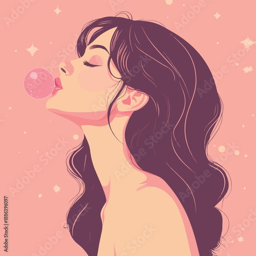 Dreamy Woman with Bubblegum Illustration , vector style simple color