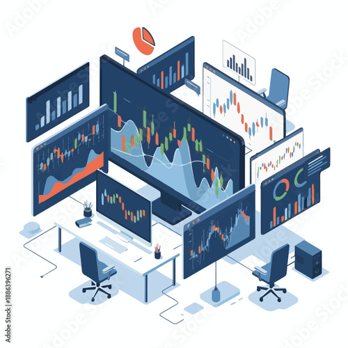 Multiple computer screens displaying various business graphs and charts in a modern office environment from a slightly elevated viewpoint