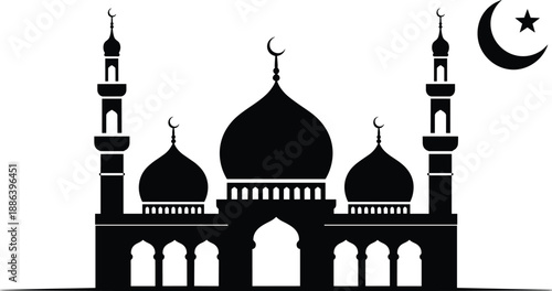 Elegant mosque silhouette with crescent moon and star, Islamic religious architecture vector illustration for Ramadan, Eid Mubarak, Muslim festival and spiritual night design