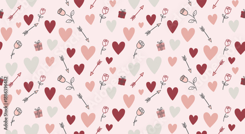 Seamless Valentine's Day pattern with cute hearts, Cupid's arrows, roses and gifts. Romantic doodle vector background for wrapping paper.