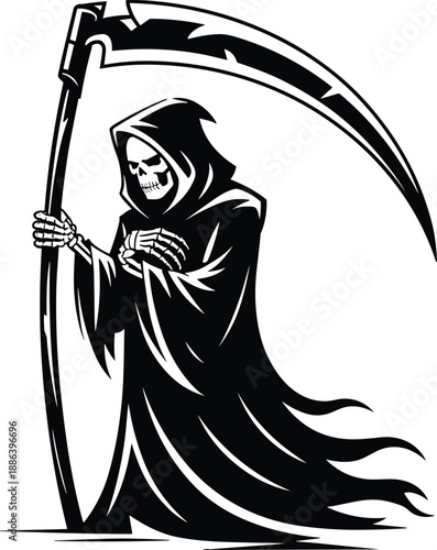 Grim reaper silhouette vector illustration holding scythe, spooky death character design, gothic horror theme, Halloween icon, black and white