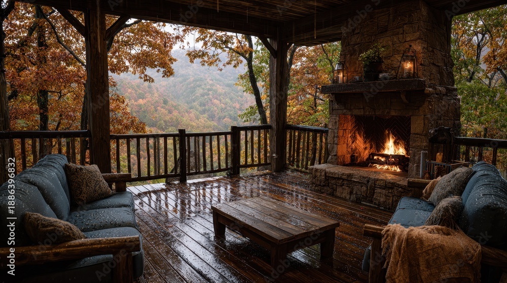 Fototapeta premium Cozy cabin porch with fireplace and rainy autumn view in the forest