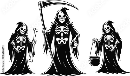 Grim Reaper silhouettes with scythe, bone, and cauldron, black hooded skeleton figures for Halloween, death, gothic, and horror themes.