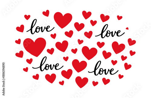 Romantic graphic hearts and text set featuring red hearts and handwritten love script for Valentine's Day greetings