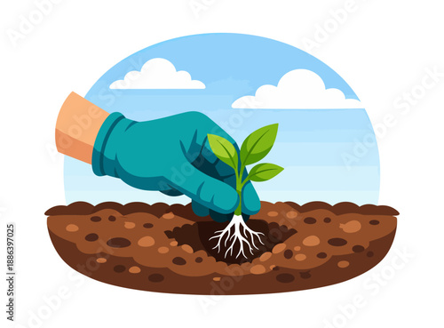 Flat design illustration of a hand planting a seedling depicting growth for garden and ecology concepts