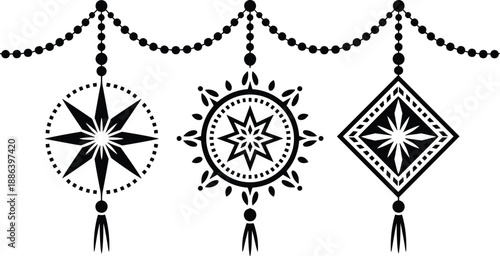 Islamic hanging geometric mandala ornaments with beads silhouette vector illustration, Ramadan and Eid festival decor design, Muslim spiritual wall decoration art