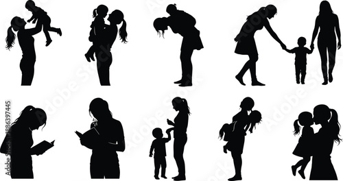 Silhouettes of women and girls in fashion and movement with shopping bags and stylish poses