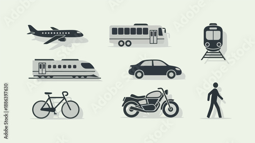 Pixel Art Transportation Icons: Car, Plane, Train, Bus, Bike, Motorcycle, Pedestrian