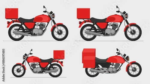 Red Delivery Motorcycles with Cargo Boxes - Set of Four
