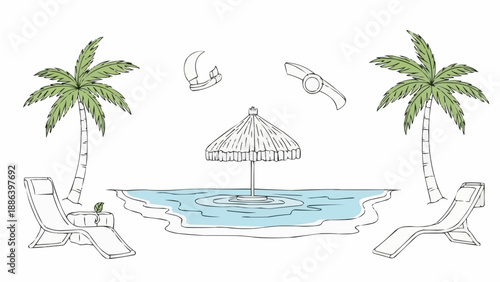 Tropical beach vacation scene with palm trees and lounge chairs.