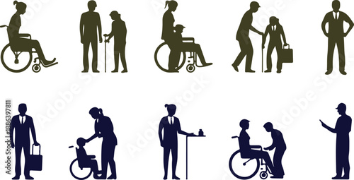 Diverse accessibility silhouettes collection featuring people with disabilities and caregivers, inclusive community icons representing various physical challenges and assistance scenarios