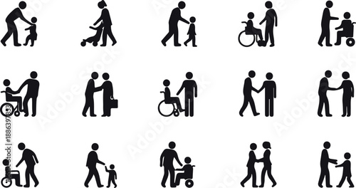 Human interaction icons showing assistance and social support silhouette set, people helping children and elderly or disabled individuals in various daily situations and public settings