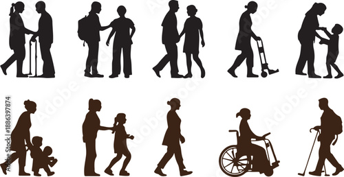 Silhouette collection of people walking and providing care or assistance, diverse group of men and women showing family bonds and professional support with mobility aids and children icons