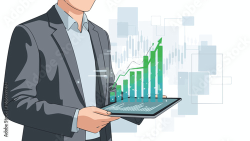 Business professional holding digital tablet with ascending financial graph in a modern office environment from a slightly elevated viewpoint