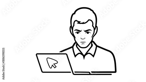 Man focused on laptop screen with cursor icon.