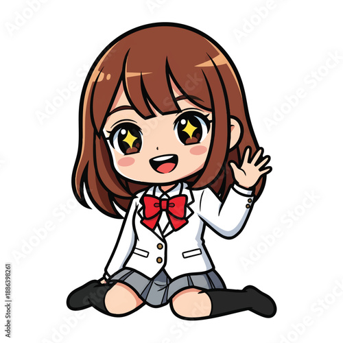 Cheerful cartoon schoolgirl waving hello with a bright smile