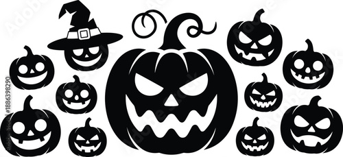 Spooky Halloween pumpkin icon set with scary jack o lantern faces, witch hat pumpkin and horror silhouettes for Halloween design vector clipart