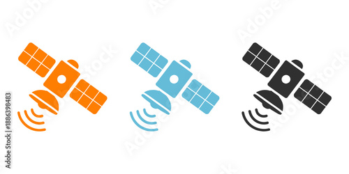 Flat design satellite icon set featuring transmitting signals in multiple colors for global communication and technology